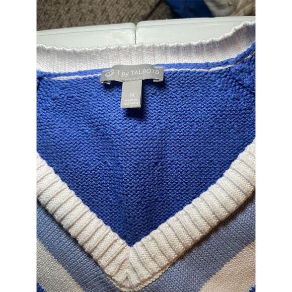 T. By Talbots Women's M Blue V-Neck‎ Cable Knit Pullover Sweater - Picture 7 of 9